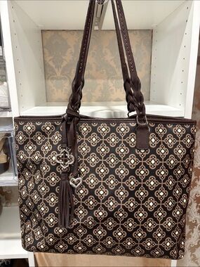 Brighton Brown and Tan Geometric Tote with Tassel Charm